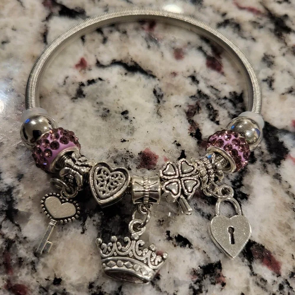 New Key & Lock Charm Bangle, Chain Beaded Beads Bracelets - Picture 3 of 4